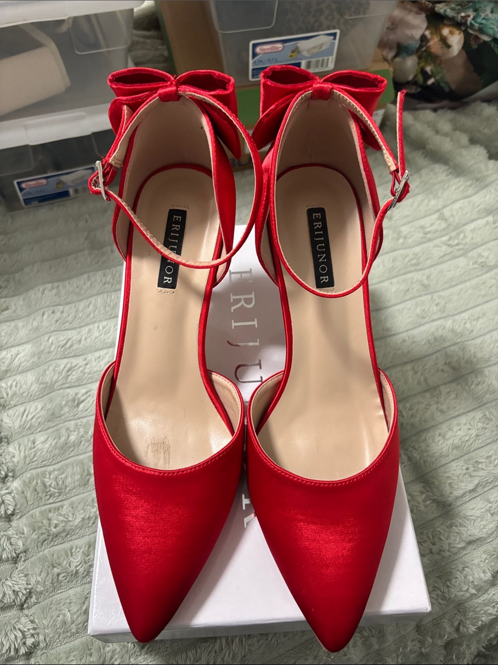 Eriyjunor Red Satin Pointed-Toe Ankle-Strap Pumps with Bow